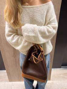 Women Casual Autumn Winter Boat Neck Beige Solid Color Drop Shoulder Knit Top Long Sleeve Puff Sleeves Sweater Daily/Work/ - Beige - View 7