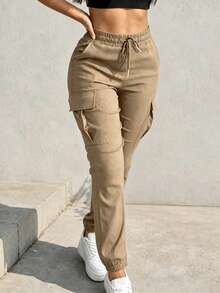 Spring/Autumn New Plus Size Women's Fashion Versatile Solid Color Minimalist Pocket Elastic Waist Drawstring Cargo Pants, Lightweight Polyester Micro-Stretch Soft Fabric - Khaki - View 2
