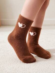 5 Packs Of Children's Plush Warm Mid-Calf Socks, Earth-Toned Heart Pattern, Soft And Comfortable, Warm Children's Casual Home Socks For Winter. - Multicolor - View 9