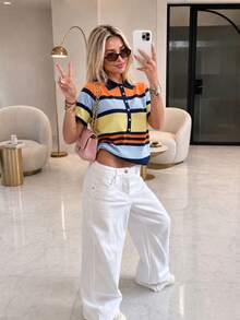 FOR BEAUTY Summer Y2K Women's Multi-Color Striped Knit Polo Top, Short Sleeve Front Button Ribbed Pullover, Preppy Casual Streetwear Style, Daily Wear - Orange and Blue - View 7