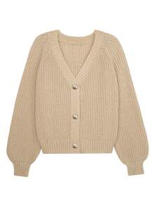 Women's Ribbed Knit Cardigan Sweater, Long Sleeve Button Front Casual Top For Fall Fashion - Khaki - View 5