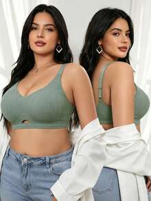 2pcs Plus Size Seamless Wireless High Support Bra, Wide Adjustable Straps, Padded Full Coverage Non-Wired, Suitable For Voluptuous Body Daily Comfortable Lingerie - Multicolor - View 10