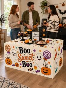 1pc Cream Cartoon Halloween Tablecloth, Cute Polyester Rectangular Three-Sided Tablecloth With Ghost, Pumpkin And Candy Print, Suitable For Fall Home Decor, Halloween Home Decor, Halloween Decoration, Party Decor And Outdoor Halloween Decoration - Multicolor - View 10