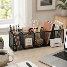 Black Mesh Pen Holder, 5-Slot Desk Organizer With Non-Slip Base, Multi-Functional Storage Caddy For Office Supplies & School Desktop - Rectangle - View 10
