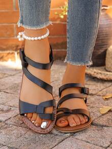 European And American Women's Fashion, Elegant, Comfortable, Retro Flat Sandals, Ankle Strap Hook And Loop Slip-On Sandals, Black Versatile Style, Minimalist Double Strap Open Toe Sandals - Black - View 1