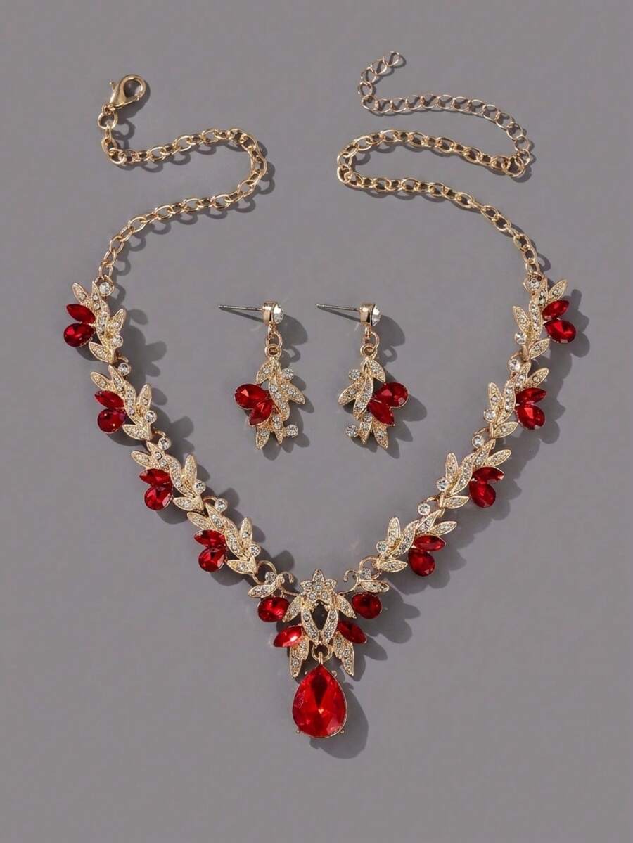 Vintage Gold Necklace & Earrings Set, Sparkling Red Teardrop Faux Crystal Delicate Leaf Collarbone Chain Jewelry Set