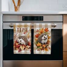 2PCS Kitchen Towel, Autumn Plaid Maple Leaf Hedgehog Pattern, 40*60cm Rectangular Microfiber Kitchen Towel, Dishcloth, Tablecloth, Hand Towel, Kitchen Decor, Home Decor, Neighbor Housewarming Gift, Kitchen Napkin And Dishcloth, Home Decor, Gift, Perfect For Kitchen And Bathroom Use - Light Grey - View 5
