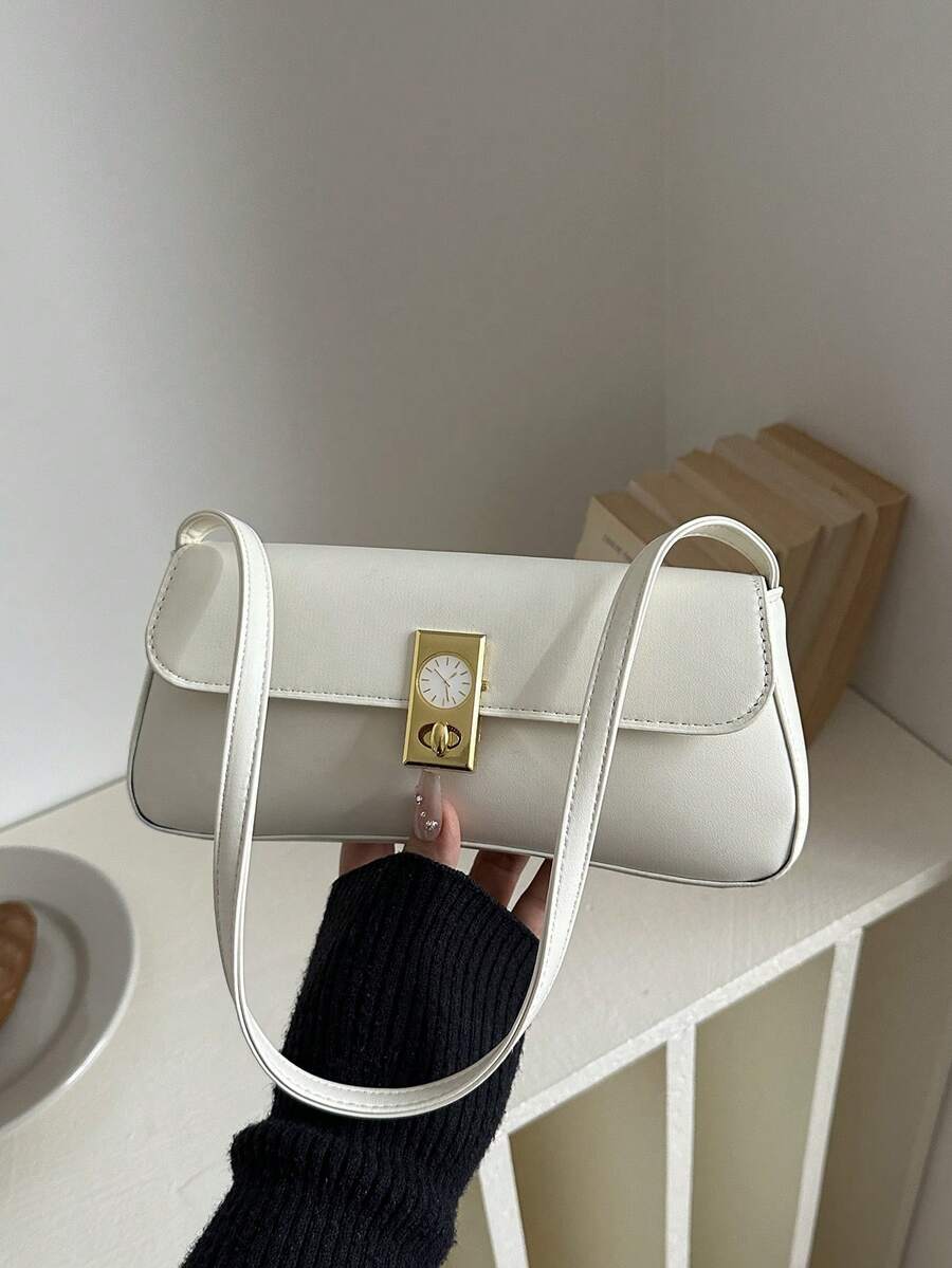 Textured Small Square Handbag For Women, New Lock Closure Solid Color Shoulder Bag, Commuter Underarm Bag - White - View 1