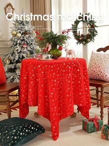 1pc Red Christmas Snowflake Foil Printed Velvet Tablecloth, Gold Christmas Snowflake Pattern Dining Tablecloth, Rectangular Tablecloth Christmas Holiday Restaurant Home Decor - Red - View 15