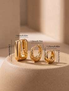 BIFEIER 3pcs/Set 18K Gold Plated Women's Earrings Set, Smooth Square Thick Hoop + Textured Round Hoop + Smooth Small Round Hoop Ear Cuff, Hypoallergenic Niche High-End Party & Commute Ear Jewelry - Gold - View 6