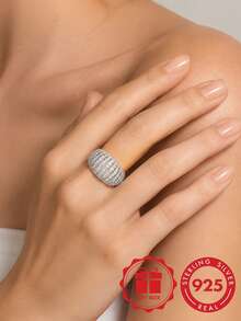S925 Sterling Silver Multi-Layer Twisted Rope Design Full Zirconia Inlaid Wide Ring, Heavy Craftsmanship Luxury Elegant Banquet Versatile Women's Index Finger Ring, Jewelry Gift With Gift Box - Silver - View 3
