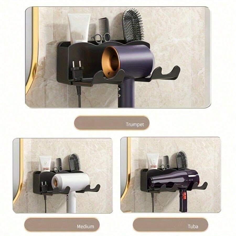 1pc No-Drill Hair Dryer Holder - Strong Adhesive Wall-Mounted Bracket, Hands-Free Bathroom Vanity Storage Rack, Space-Saving Hair Styling Tool Organizer