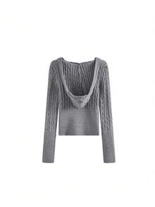 Korean Style Elegant V-Neck Hooded Cable Knit Sweater Long Sleeve Slimming Waist Tops - Grey - View 6