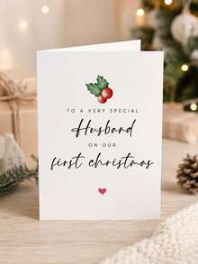 1pc Romantic Our First Christmas Card For Husband, Newlywed Xmas Greeting Card With Holly Berry Pattern, Holiday Gift Card For Spouse - Multicolor - View 6