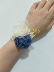 1件女款腕花飾品 新娘伴娘婚禮紅玫瑰花飾 手腕花飾 新娘派對手部飾品 胸針 雞尾酒會舞會 日常手鍊配件 - 700-米+寶藍 - 查看 5