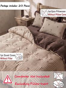 2pcs/3pcs Set Khaki Plaid Bow Digital Print Mocha Color Ruffle Duvet Cover Set (1 Duvet Cover + 1/2 Pillowcases, No Inserts), Polyester And Other Synthetic Fiber Material, Soft And Skin-Friendly, Suitable For Daily Indoor Use - Multicolor - View 3