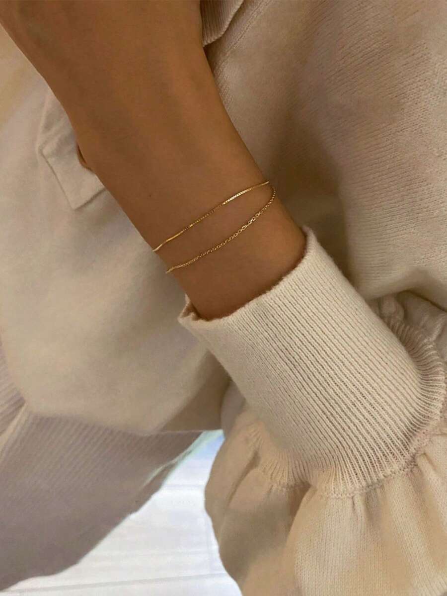 falinne S925 Sterling Silver Gold Plated Double Layer Thin Bracelet, Integrated Dainty Box Plain Chain Adjustable Minimalist Stackable Hand Jewelry For Women - Double-layer Stackable Thin Bracelet - View 1