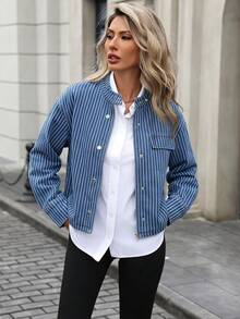 Mobula Sound# Spring/Autumn Versatile Fashion Striped Denim Jacket, College Style, Vacation, Daily, Travel, Airport, Zipper Long Sleeve Denim Jacket For Women - Blue - View 4