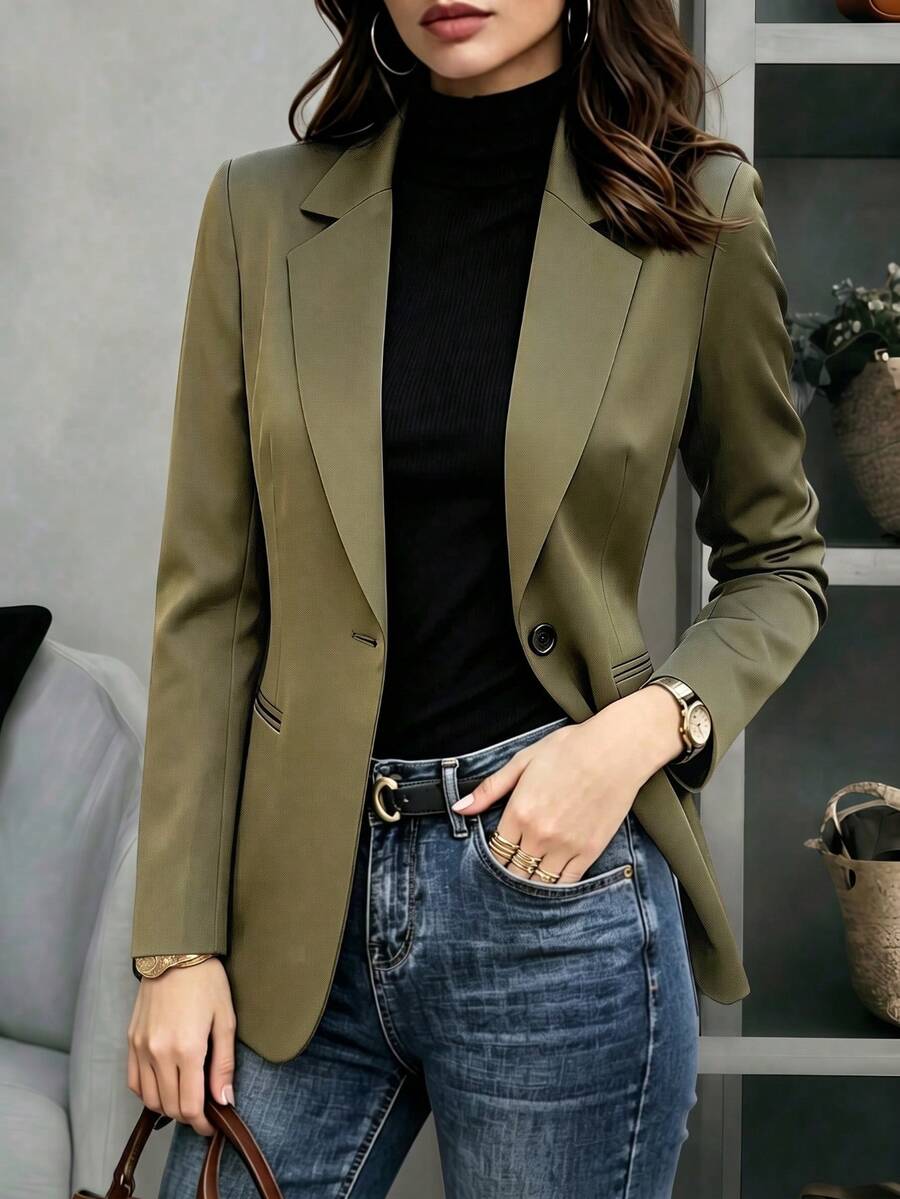Women's Olive Green Blazer, Collared Long Sleeve Button Jacket For Daily, Casual, Office, Commute, Spring Fall Winter Wardrobe Essential - Army Green - View 1