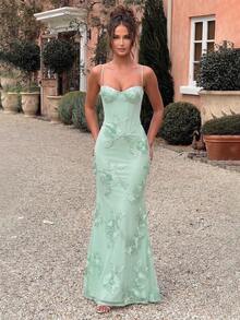 Shiny Cream Yellow Floral Embroidered Elegant Sexy Backless Party Dress, Suitable For Formal Occasions, Anniversary, Graduation, Party - Mint Green - View 2