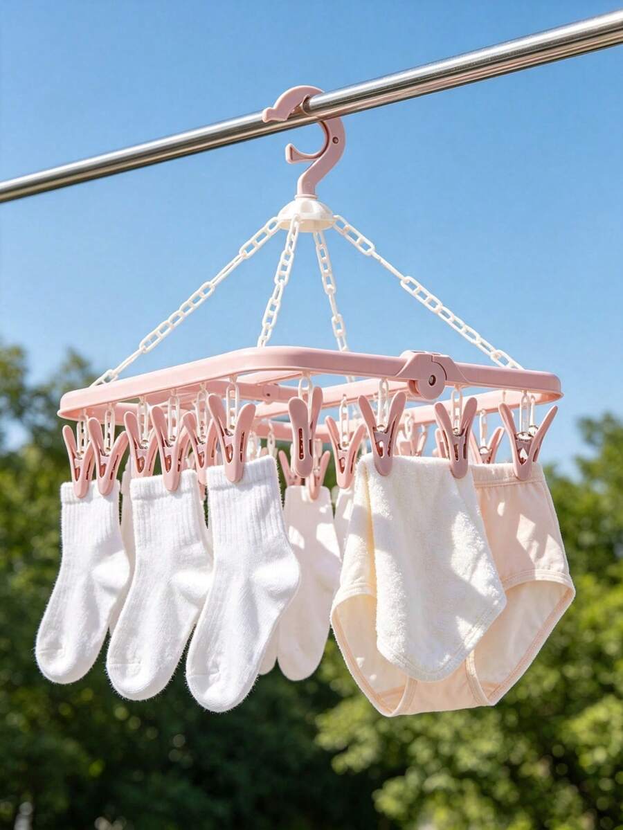1pc White Rotating 32-Clip Plastic Clothes Hanger, Space-Saving Foldable Hanger For Socks And Underwear, Multi-Functional Wardrobe Storage Rack, Ideal For Bedroom, Bathroom, Dorm, Laundry Room, Camping Gear And Home Decor - Multicolor - View 1
