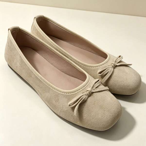 Women's Light Beige Bow Ballet Flats Solid Color Commute Bow Ballet Flats Home Wear Autumn