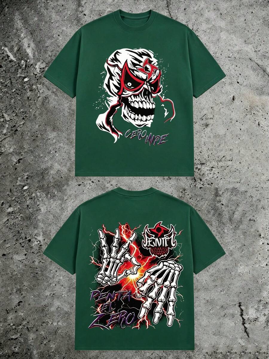 Luchador Skull Mask Double‑Sided Tee, Bold Skeleton Hands Lightning Gothic Print, 180g Pure Cotton Casual Short Sleeve Top For Men - 綠色1 - 查看 1