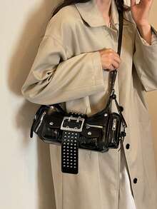 American Motorcycle Style Rivet Underarm Bag For Women, Hot Girl Multi-Pocket Practical Shoulder Crossbody Cool Retro Women's Bag - Black - View 5