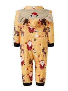 Family Matching Christmas Jumpsuits Pajamas Letter/Santa/Tree/Print Hooded Long Sleeve Playsuits Autumn Zipper Long Rompers - Yellow Baby - View 6