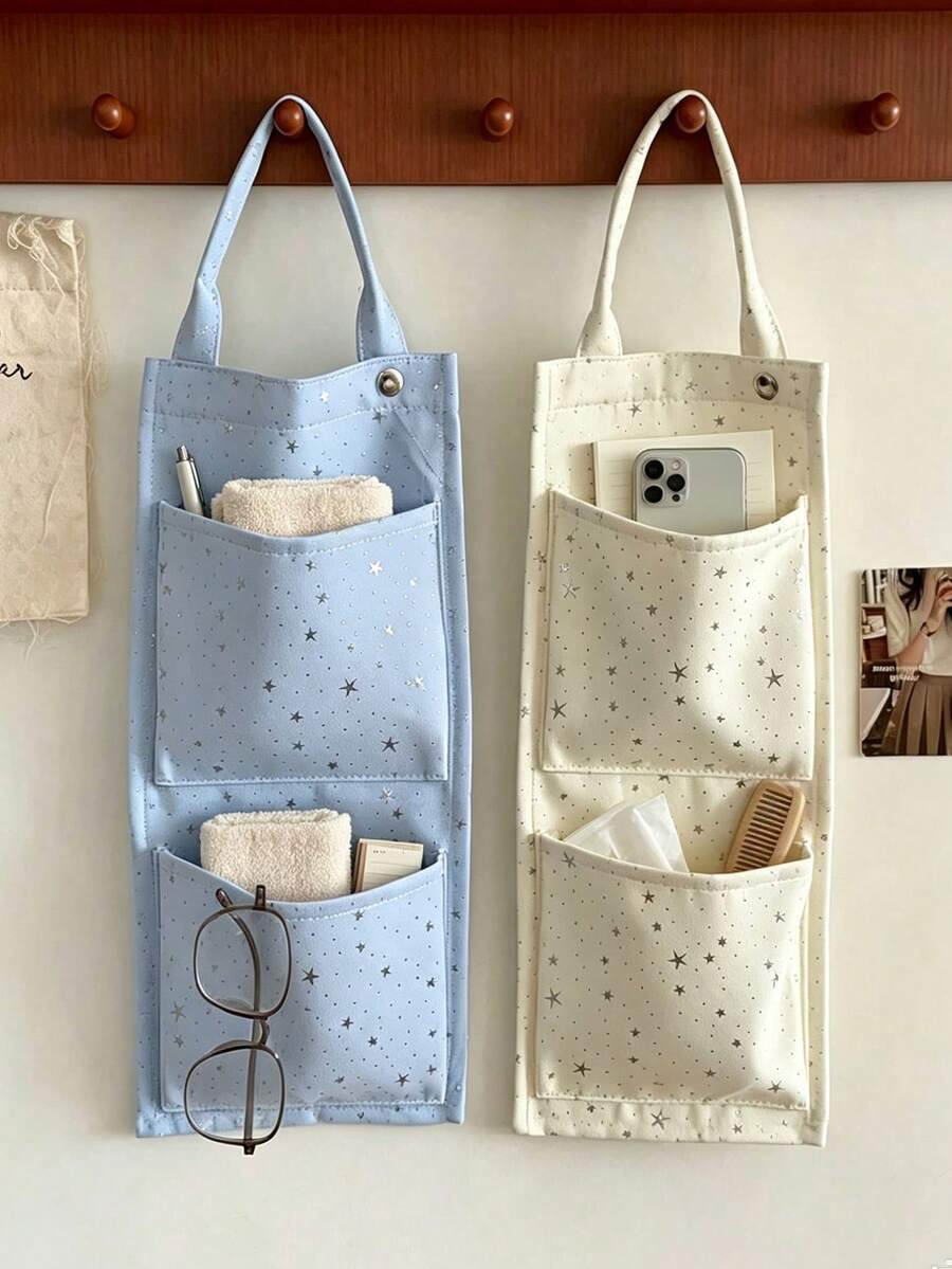 1pc Star Print Hanging Storage Bag, Cute Casual Fabric Rectangular Wall Hanging Organizer, Multi-Layer Pockets With Top Handle, Space-Saving Foldable Storage Bag, Door Hanging Storage Basket, Suitable For Bedroom, Closet, Dorm, Home Daily Miscellaneous Items Storage