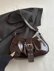 1pc Coffee Brown Solid Color PU Baguette Shoulder Bag For Women - Coffee Brown - View 3