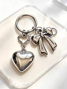 1pc Vintage Y2K Silver Bowknot Heart Keychain, Multi-Pendant Handbag/Wallet Or Keyring Decorative Accessory - Silver - View 2