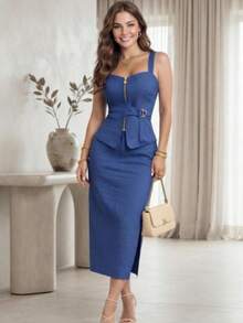 2-PIECE SET CAMI TOP WITH ZIPPER + ELEGANT CHIC LONG SKIRT WITH SIDE SLIT. - 藍色 - 查看 1