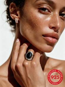 1pc S925 Sterling Silver Fashion Hollow Evening Luxury Commute Versatile Elegant Exquisite Inlaid Artificial Black Agate Niche Minimalist Design Women's Ring With Gift Box, Ideal Gift For Women And Girls On Any Occasion. Perfect Gift For Women, Perfect Christmas Gift, Gift For Mom, Gift For Wife, Gift For Daughter, Perfect Birthday Gift, Anniversary Gift, Graduation Gift, Mother's Day Gift, Valentine's Day Gift - Silver - View 3