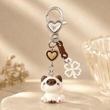 1pc/2pcs Unisex Cartoon Kitten & Panda Sitting Pendant With Heart Beads & Four-Leaf Clover Accessory Keychain Cute Bag Charm - Multicolor - View 3