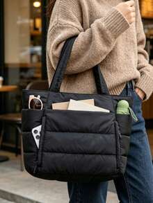 Casual And Minimalist Style, Fashionable Solid Color Series Quilted Tote Bag, Large Capacity Versatile Texture Shoulder Bag, Can Accommodate Tablets - Black - View 2