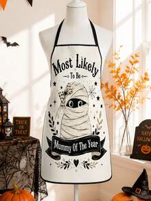 1pc Halloween Themed Apron, Vintage American Halloween Slogan Print, Polyester, 55*68cm, Home Cooking Baking Anti-Stain Apron, Halloween Party Kitchen Gift Workwear - Multicolor - View 6