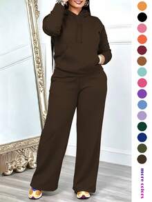 Women's Casual 2-Piece Set Solid Color Elegant Long Sleeve Hooded Drawstring Pocket Sweatshirt & Straight Leg Pants Set, Lightweight & Soft Brown - Brown - View 4
