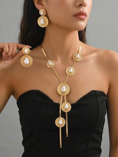 3 piezas Collar largo en forma de Y de estilo metálico asimétrico con perlas falsas y cadena plana de serpiente para otoño/invierno, pendientes de doble capa con disco redondo y perlas falsas colgantes, decoración de colgante redondo geométrico con disco de huella dactilar, lujo vintage, elegante moderno, ambiente relajado, uso diario, fiesta, Oriente Medio, temporada de bodas, banquete social, cita, reunión, regalo de vacaciones, viaje de vacaciones, accesorio decorativo, joyería a juego para el estilo de la mujer