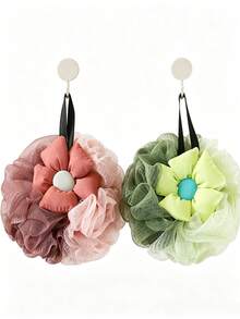 Cute Plaid Flower Bath Sponge, Soft Mesh Shower Ball, Rich Foam Hanging Body Scrubber, Aesthetic Decorative Bath Ball For Bathroom Shower - Multicolor - View 5