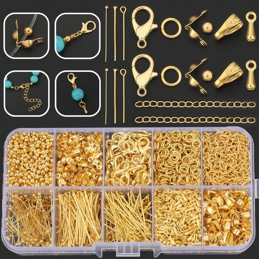 500pcs/Box DIY Jewelry Findings Set Including Jump Rings, Positioning Beads, Lobster Claws, Crimp Ends, 7-Segment Chains, Seed Beads, Teardrop Pendants, 9-Pin Hooks, Flat Pins, Bead Pins, Suitable For DIY Bracelets, Necklaces, Accessories, Open Connectors, Keychains, Bag Charms, Jewelry Making Materials - Accessory Set - View 1