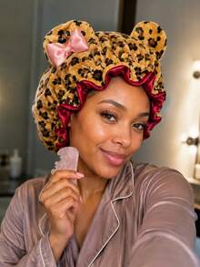 CONFLASS Leopard Print Plush 3D Cat Ear Bow Headband Hat, Quick-Dry Soft Sleep Cap, Suitable For Daily Nighttime Hair Care - Leopard Print - View 6