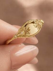 1 pièce Bague ovale vintage dorée, bague de déclaration de style bohème avec gravure florale et décoration de zircone micro-incrustée, bague de mode élégante pour femmes pour le port quotidien et les cadeaux - Doré - Voir 3