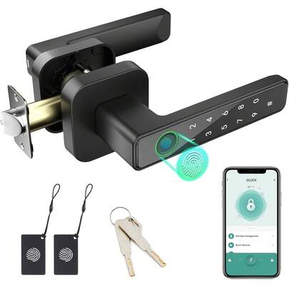 Smart Fingerprint Door Lock,Keyless Door Handle That Supports Unlocking TUYA App, IC Card, PIN, Key, And Biometric Authentication, For Home Office Bedroom