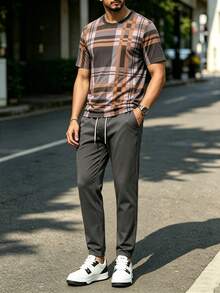Men's Vintage Business Print Short Sleeve T-Shirt And Long Pants Set - Multicolor - View 1