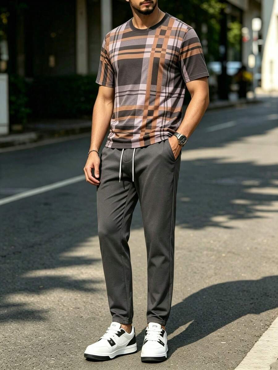 Men's Vintage Business Print Short Sleeve T-Shirt And Long Pants Set - Multicolor - View 1
