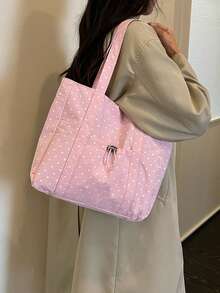 Solid Color Large Capacity Minimalist Shopping Tote Bag, Polka Dot Pattern Tote Bag, Shopping Bag, Drawstring Closure Tote Bag - Pink - View 8