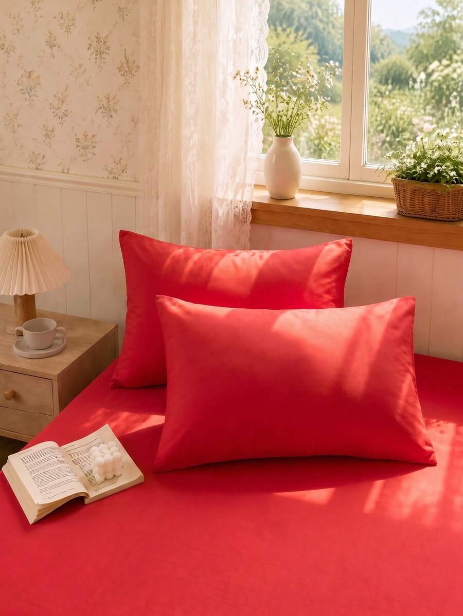 2pcs Red Super Soft Solid Color Pillowcases, Lightweight And Breathable, Envelope Closure, Solid Color Bed Pillowcases, Suitable For Bedroom, Dorm, Back To School Season And Other Occasions. - Red - View 1