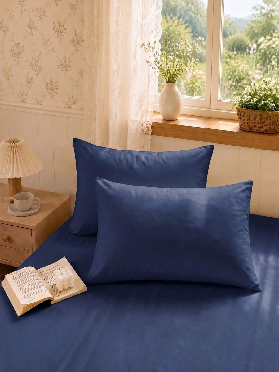 2pcs Navy Blue Super Soft Solid Color Pillowcases, Lightweight And Breathable, Envelope Closure, Solid Color Bed Pillowcases, Suitable For Bedroom, Dorm, Back To School Season And More. - Navy Blue - View 1