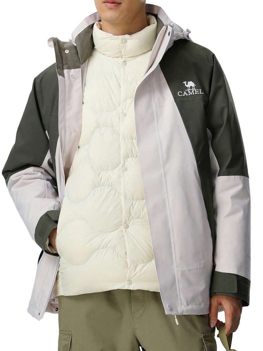CAMEL CROWN Men's Down Jacket, Windproof And Waterproof, Three-In-One Style, Autumn And Winter Men's Three-Proof Thickened Outdoor Casual Jacket - Deep Olive Oatmeal Gray - View 1